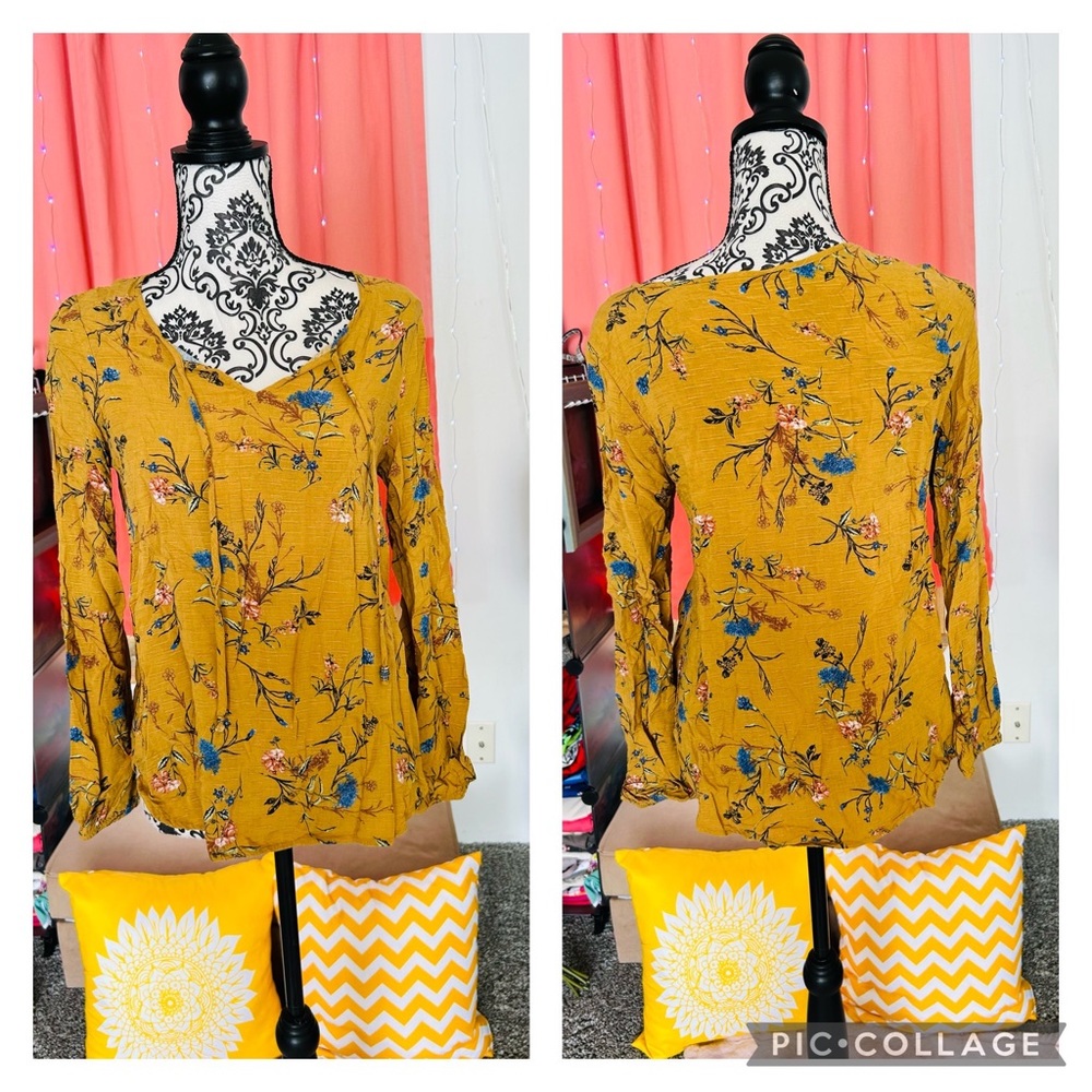 Daytrip BKE Women’s Mustard Yellow Floral Long Sleeve Boho Peasant Top Small